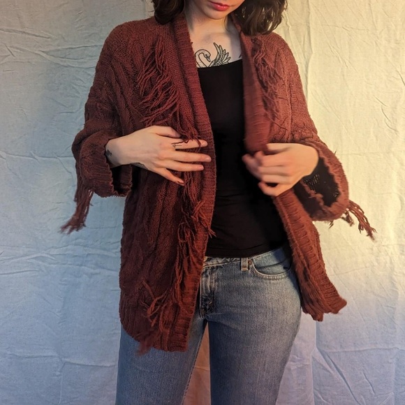 American Eagle Western Boho Fringe Open Cable Knit Cardigan Size XS - Picture 3 of 11